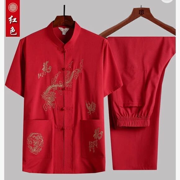 Men's Suit Embroidery Middle-Aged Tang Chinese Style Casual Loose Short Sleeve - Picture 1 of 15